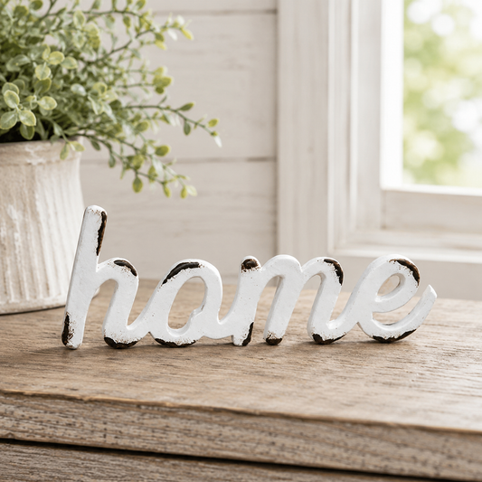Distressed white resin HOME word figurine with script lettering for farmhouse shelf, mantel, entryway, and tabletop home decor
