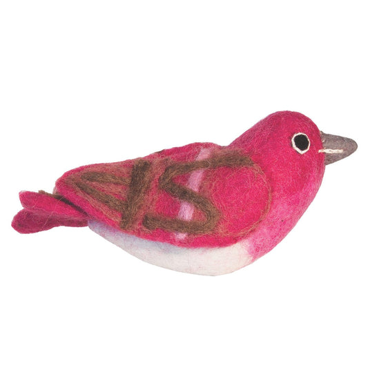 A handcrafted felt bird ornament featuring a Purple Finch design, made from natural wool with non-toxic dyes.
