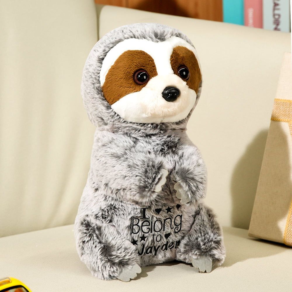 A tilted front view of the personalized sloth plush toy, highlighting its soft, cuddly design and the custom baby’s name for a personal and heartfelt touch.