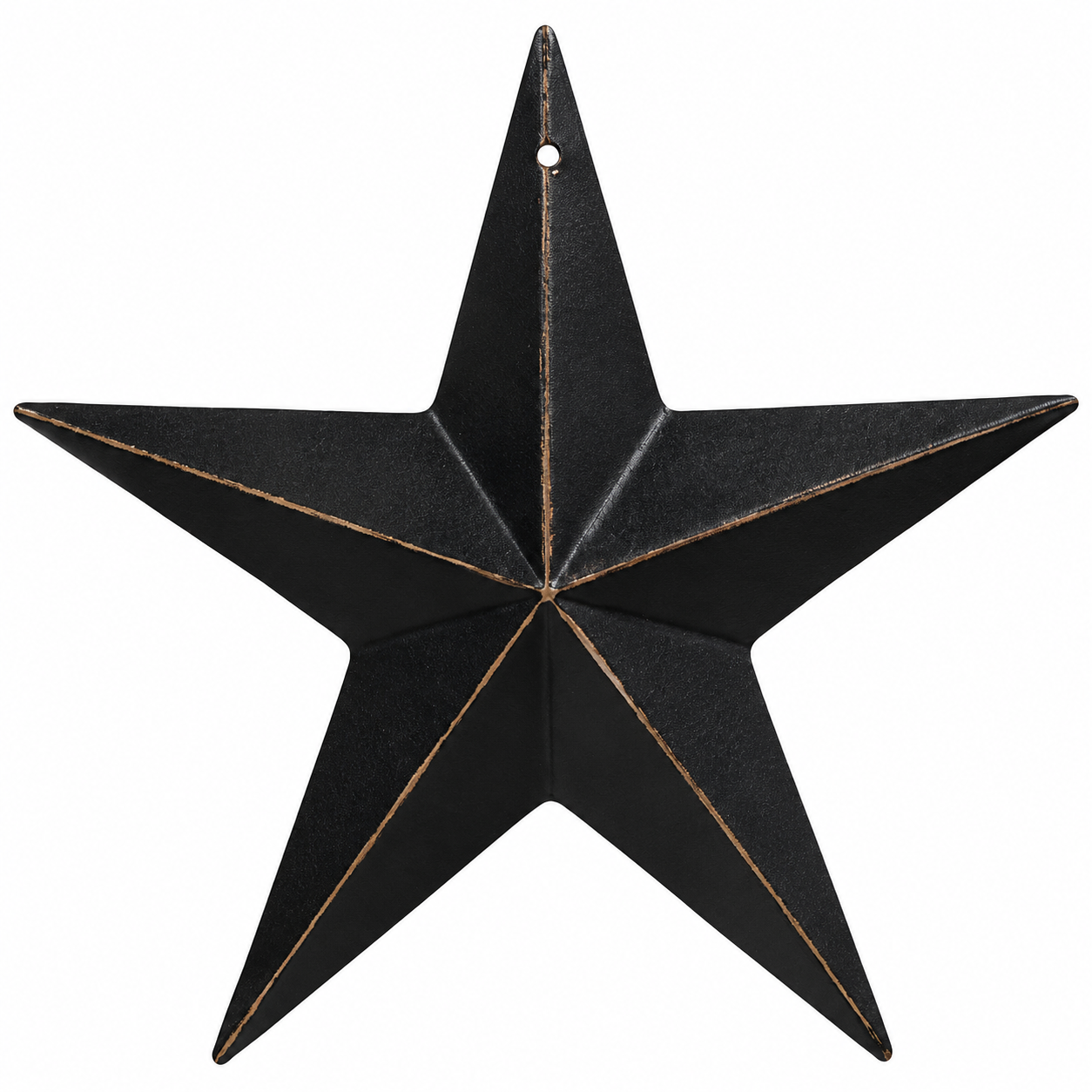 A black five-pointed star wall hanging with a rustic distressed finish and light brown edging, shown against a plain white background.