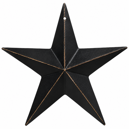 A black five-pointed star wall hanging with a rustic distressed finish and light brown edging, shown against a plain white background.