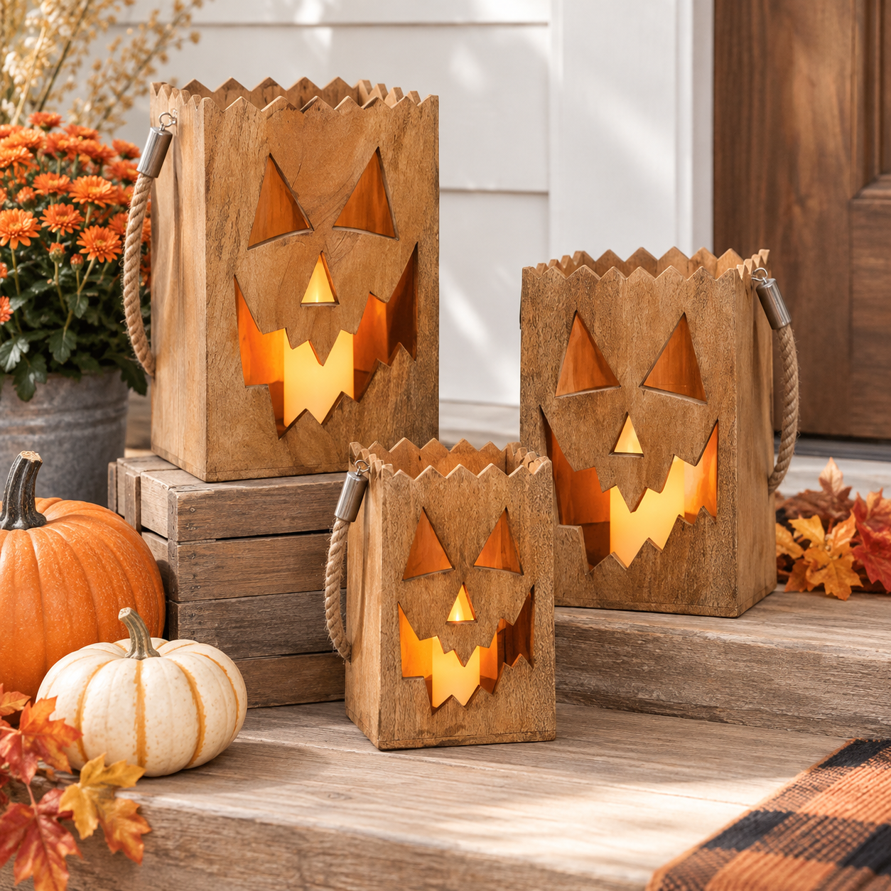Three wooden jack-o'-lantern lantern candle holders in different sizes, lit with warm orange lights, styled on rustic wooden crates with pumpkins and fall leaves on a porch.