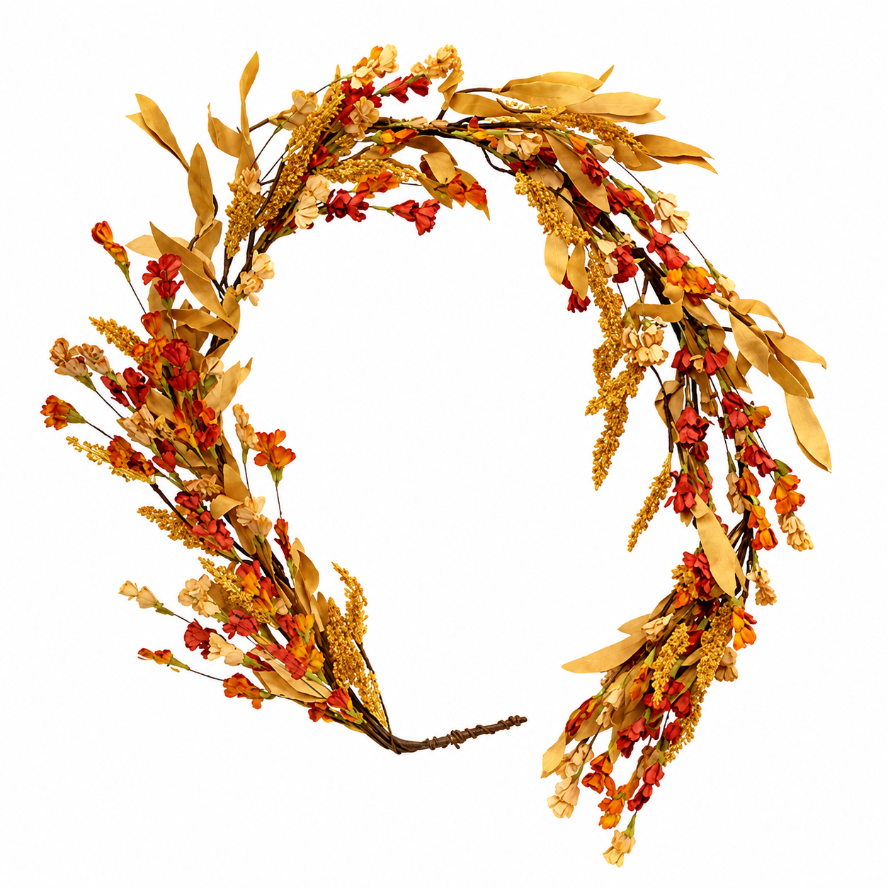 An autumn-themed artificial wreath with dried golden-yellow leaves, orange and red berries, and brown branches, isolated on a white background.