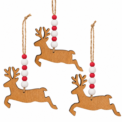 Three wooden reindeer Christmas ornaments with antlers, hanging from natural twine with red and white wooden beads, shown on a plain white background.