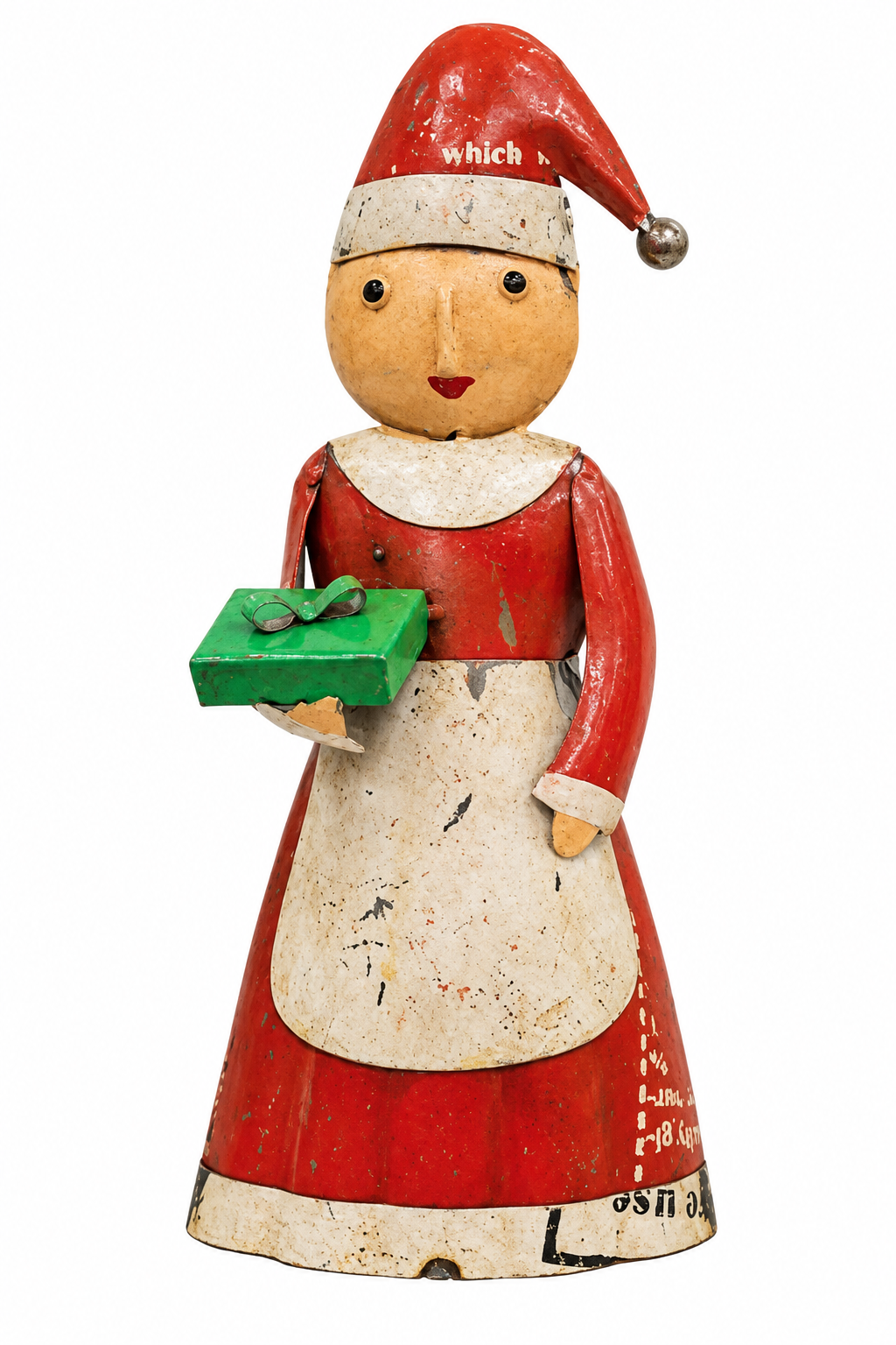 A vintage hand-painted wooden Christmas ornament depicting a woman in a red dress and white apron holding a green gift box, wearing a red Santa hat.