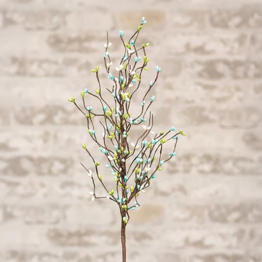 Pastel pip berry spray with teal, green, and ivory berries on a rustic brown stem for spring farmhouse decor