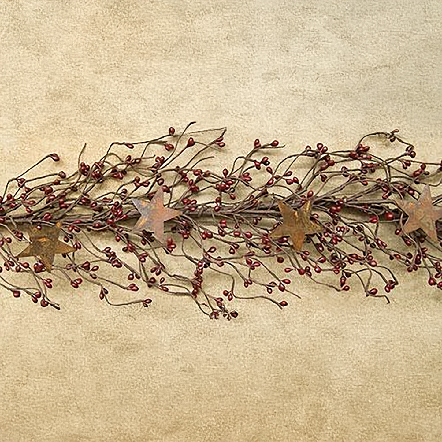 Rustic pip berry garland with burgundy berries and rusty metal stars, 40 inches long for fall or holiday decorating