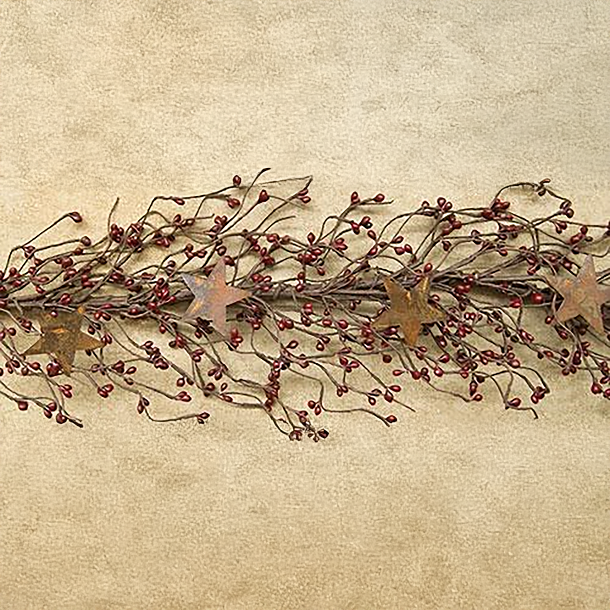 Rustic pip berry garland with burgundy berries and rusty metal stars, 40 inches long for fall or holiday decorating