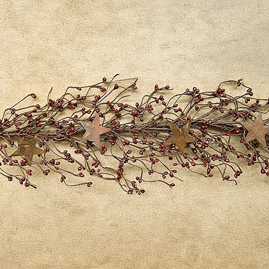 Rustic pip berry garland with burgundy berries and rusty metal stars, 40 inches long for fall or holiday decorating