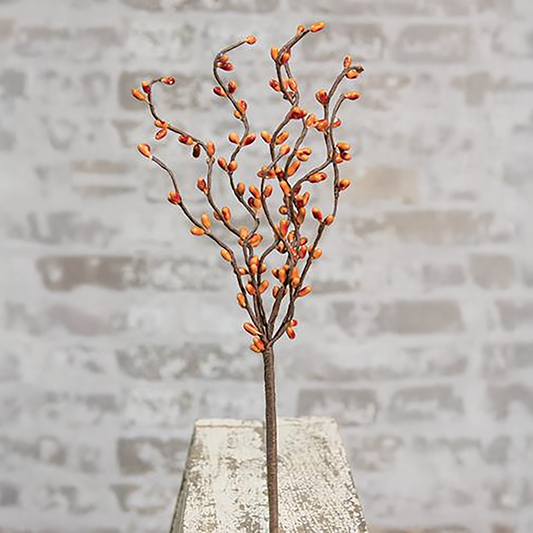 Mustard yellow pip berry floral pick with nine posable branches and rustic brown-wrapped stem for fall and country-style decor