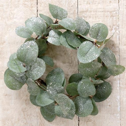 Glittered eucalyptus candle ring with frosted leaves, 3.5" center for jar or pillar candles, soft neutral green tones