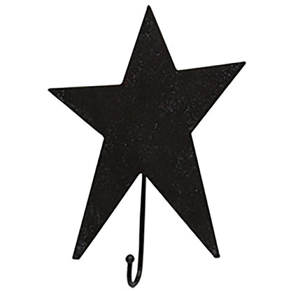 Primitive black metal star wall hook with rustic farmhouse country decor styling and matte black finish