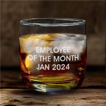 Custom engraved whiskey glass with clear tumbler and short text