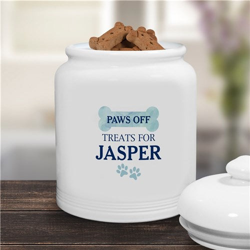 Custom name dog treat jar with colorful bone design, available in multiple colors