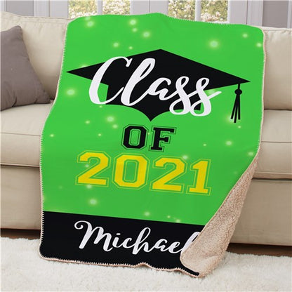 Custom Class Of graduation throw blanket in pink with personalized name and year