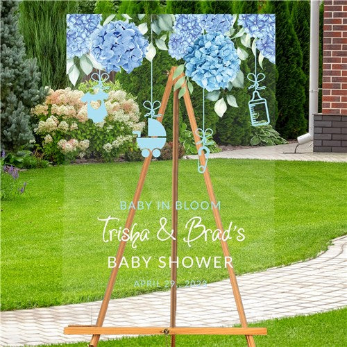 18x24 Blue Acrylic Baby Shower Sign with Hydrangeas and Baby Icons