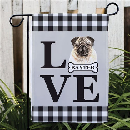 Custom pet name garden flag with red plaid background and love-themed design