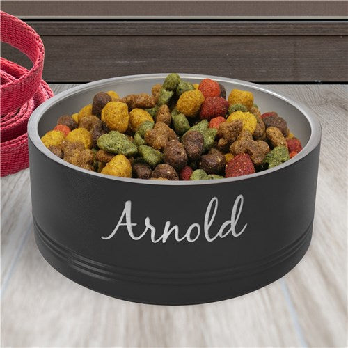 Black stainless steel pet bowl engraved with script name