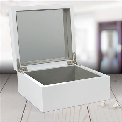 Inside view showing mirror and storage compartments of personalized jewelry box