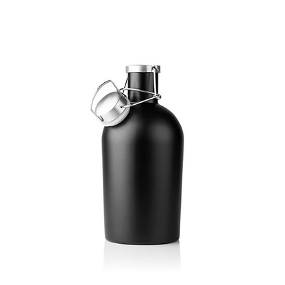 Black insulated bottle with silver cap on a white background