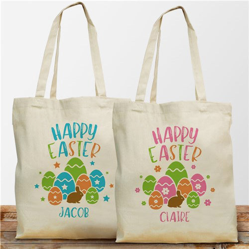 Personalized Easter tote bag with pink design and child’s name, made of durable cotton and featuring reinforced straps.